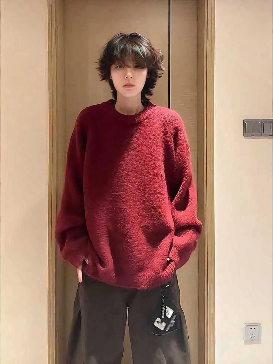 

Red Wine Color Knitted Sweater round Ne Thiened Wool Men's Winter Cisas Warm Base irt CleanFit Sle Casual Loose Fit