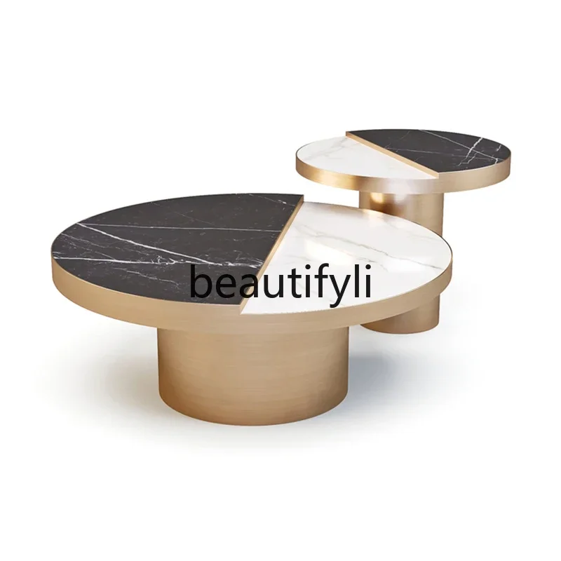 FG10Postmodern Round Marble Coffee Table Black and White Two-tone Tea Table Living Room Stainless Steel Metal High and Low