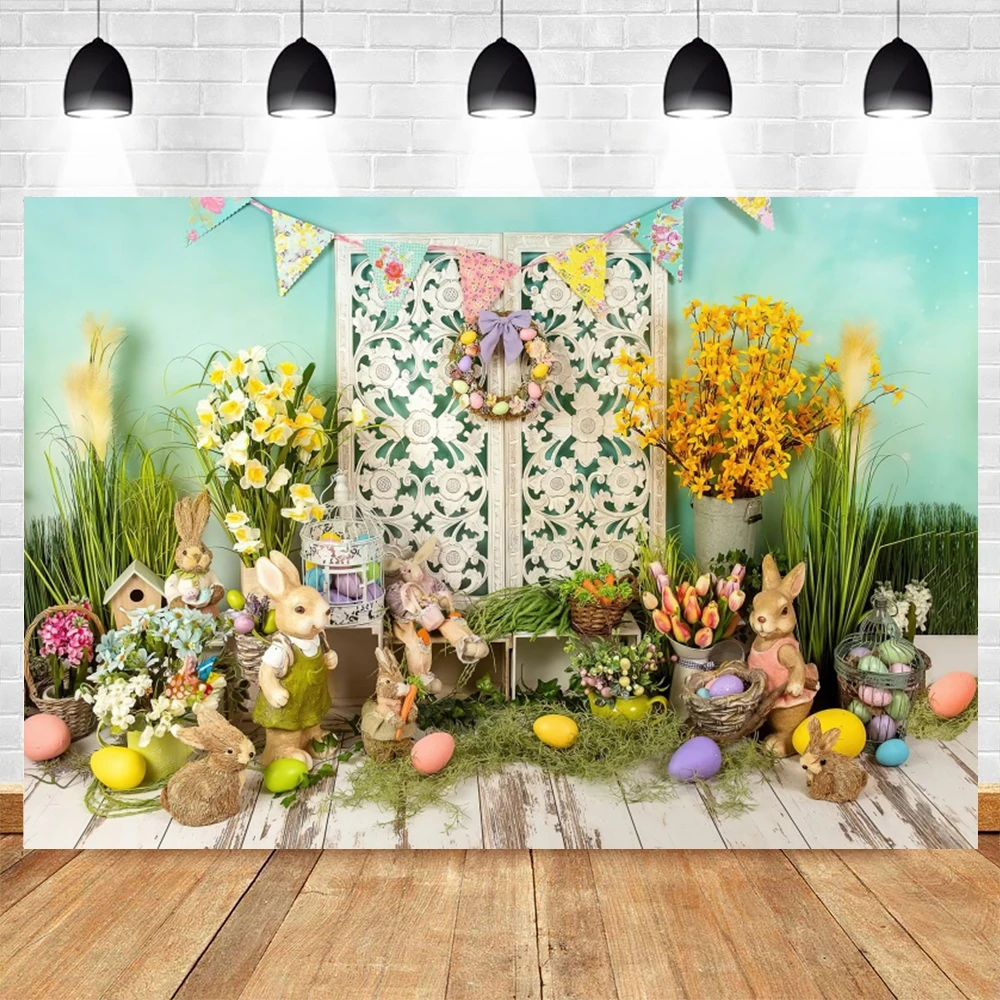 Fondos de Pascua de primavera para fotografías, huevos de conejo, tablero de madera de flores, decoraciones de cumpleaños para niños, telón de fondo para fotomatón de Baby Shower