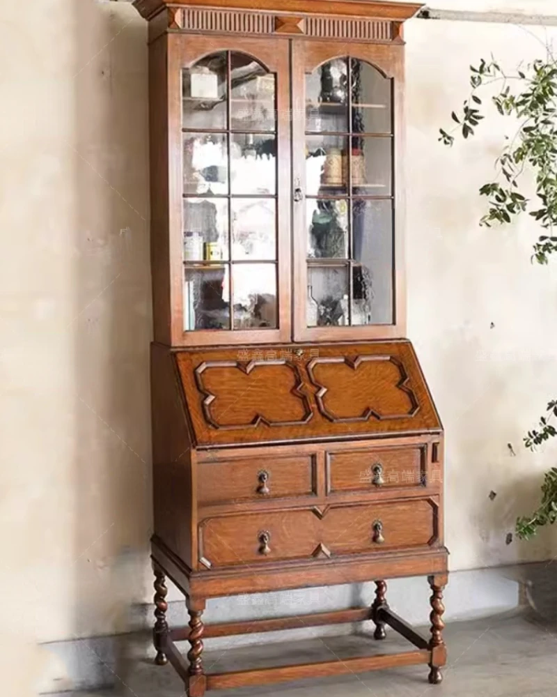 French retro carved secretary cabinet folding medieval solid wood walnut bedroom multi-functional chest dresser integrated