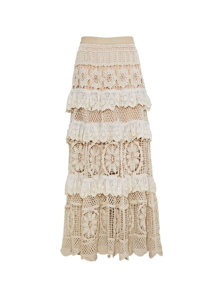 Heavy Industry Style French Lace Crochet Hollow Mesh Knitted Skirt Women\'s High Waist Mid-Length Tiered-Ruffle Dress Y2k Skirt