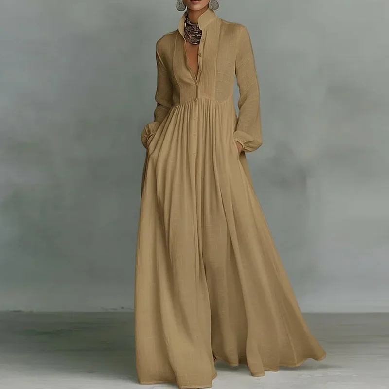 Spring Elegant Pocket Maxi Shirt Dress Women Long Sleeve Button-Down Flowy A-Line Dress Summer Beach Vacation Boho Party Dresses