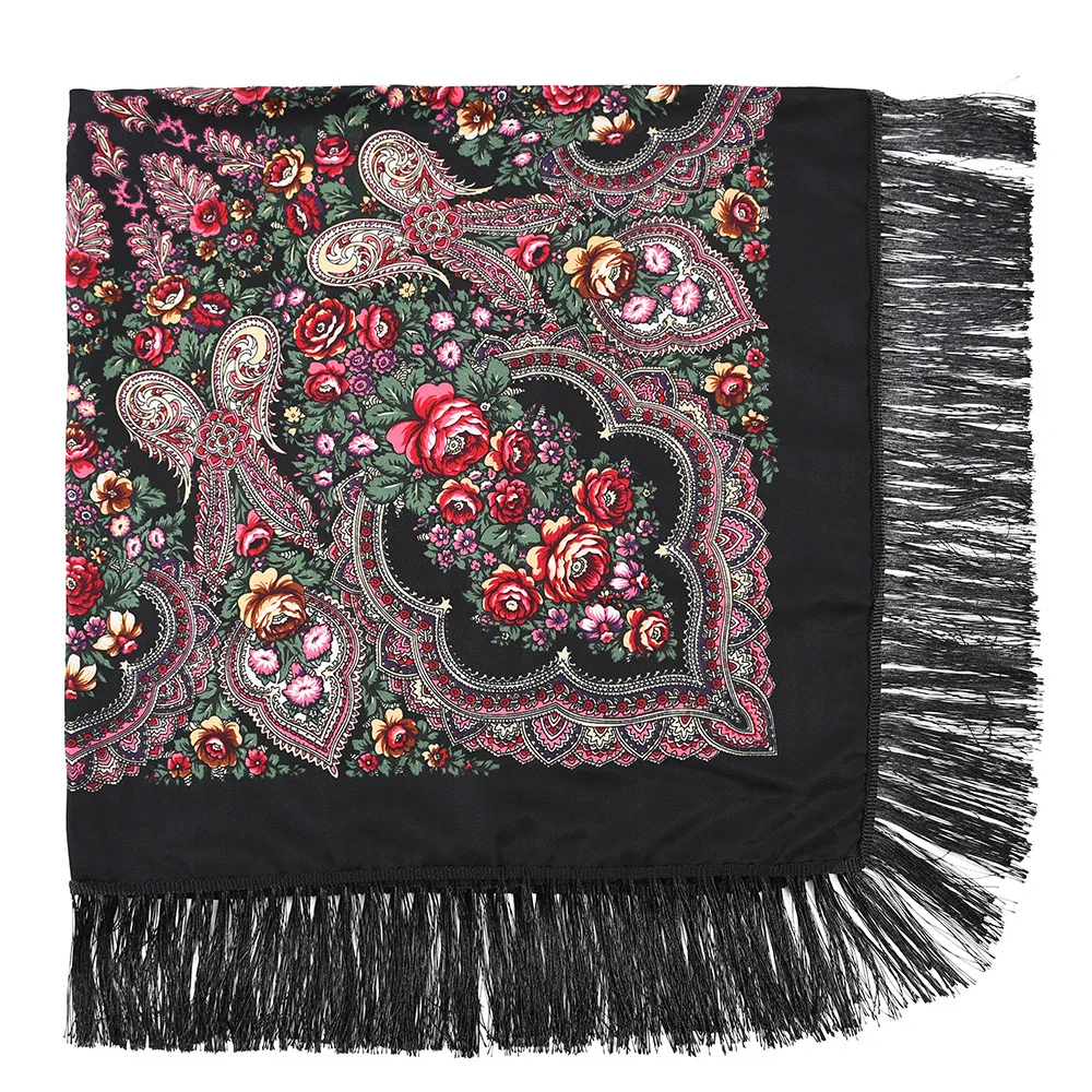 Scarf Russian Shawl Women\'s Head Wrap Hijab Babushka Ukrainian Scarves Square Blankets Tassel Retro Handkerchief Foulard Femme