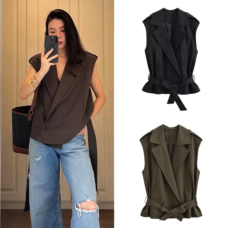 

Женский жилет, осень 2023, новый стиль, однотонный пиджак без рукавов с воротником и поясом, свободный жилет, повседневная мода, универсальный