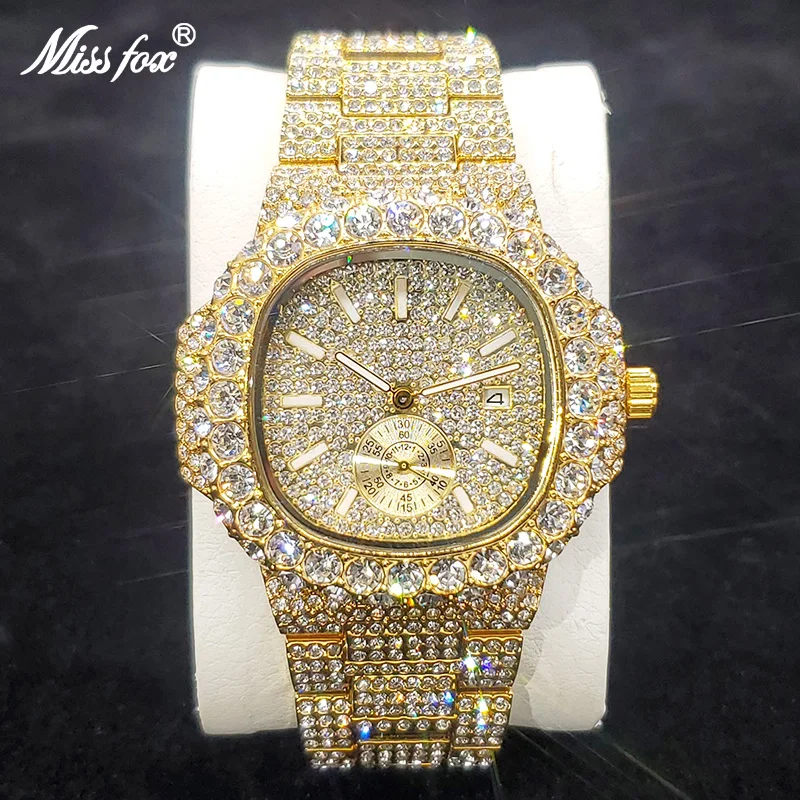 Luxurious 18K Gold Plated Watches Men Popular Hip Hop Diamond Quartz Watch High End Iced Out Stainless Steel Clock Dropshipping