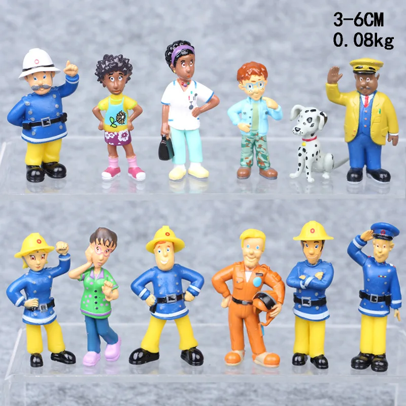 12Pcs/set Fireman Sam Cartoon Fire Fighting Figure Model PVC Toys Boys Girls Adorable Decor Toy For Kids Birthday Xmas Gift