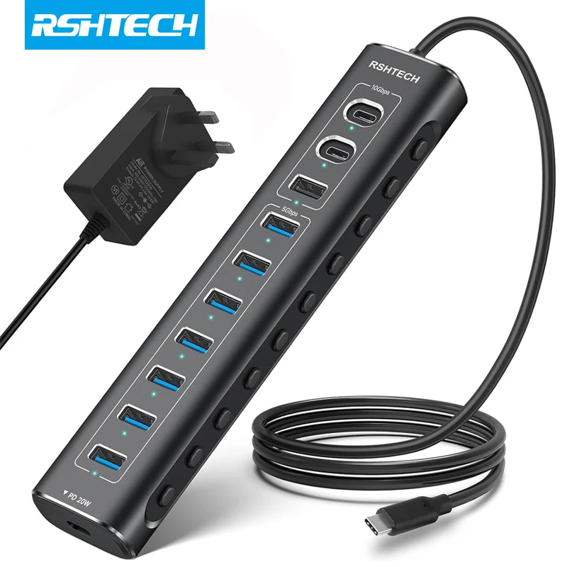 

RSHTECH 60W USB Hub 11 Ports Type C Hubs with 10Gbps USB Data Port PD 20W Aluminum USB Splitter for Macbook Laptop PC Computer