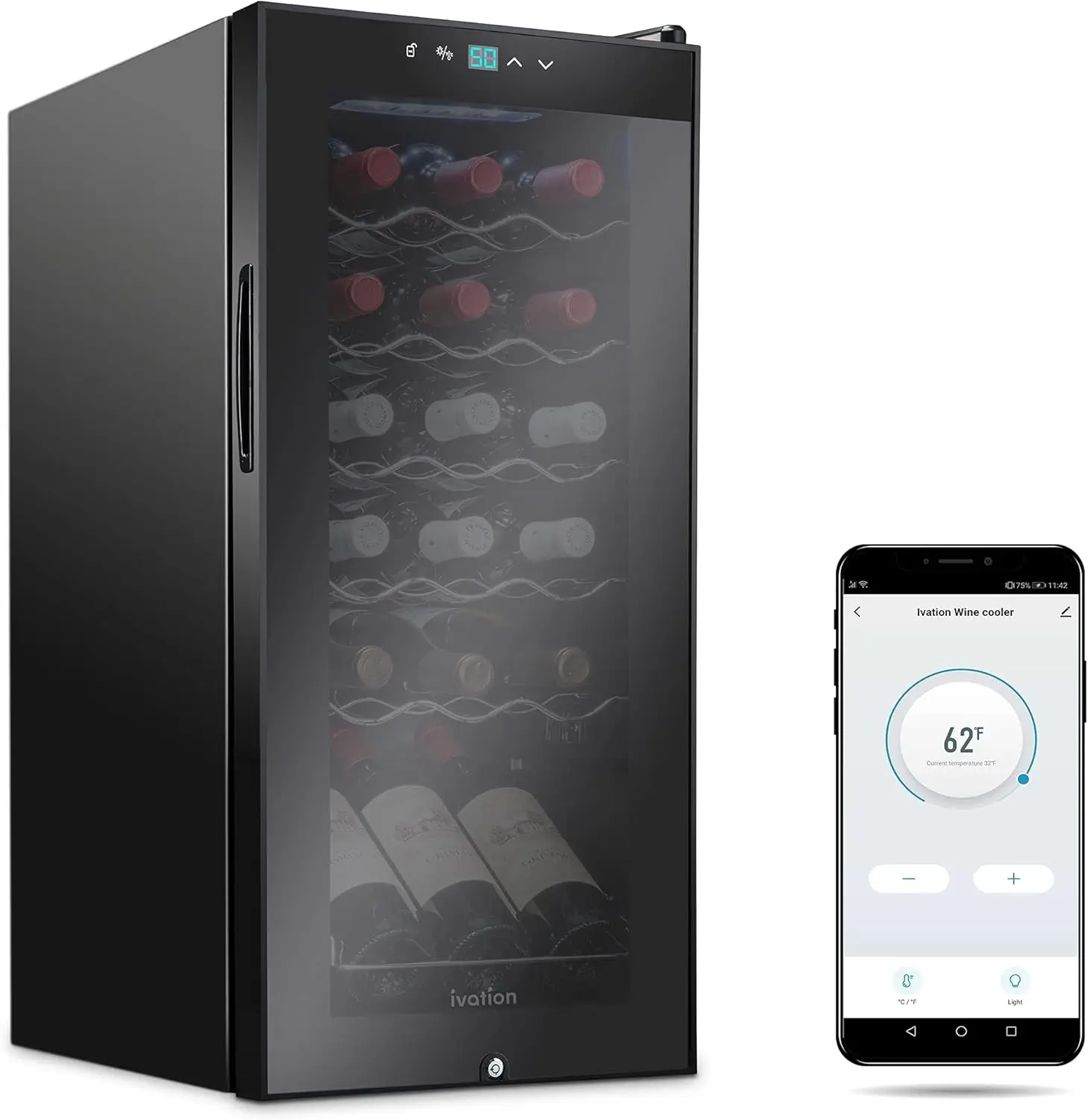 Ivation 18 Bottle Compressor Wine Cooler Refrigerator with Wi-Fi Smart App Control Cooling System