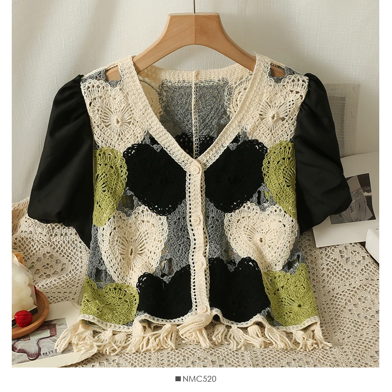 Women Blouse Crochet Knit Top Puff Sleeve Button Front Embroidery Heart Crop Cardigan Summer Teen-girls Fairycore Outfit