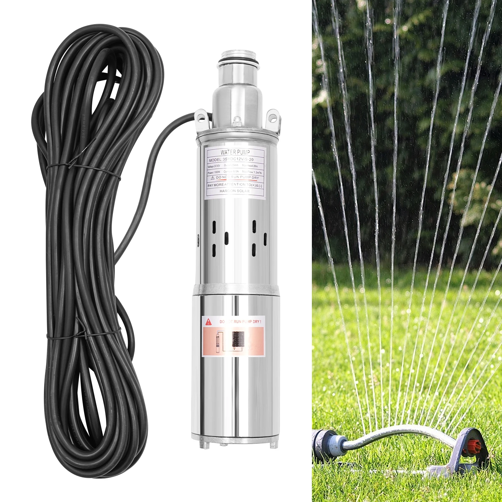 

Solar Powered Water Pump Stainless Steel Deep Well Submersible Pump 180W for Agricultural Irrigation and Garden Use, 180W 12V