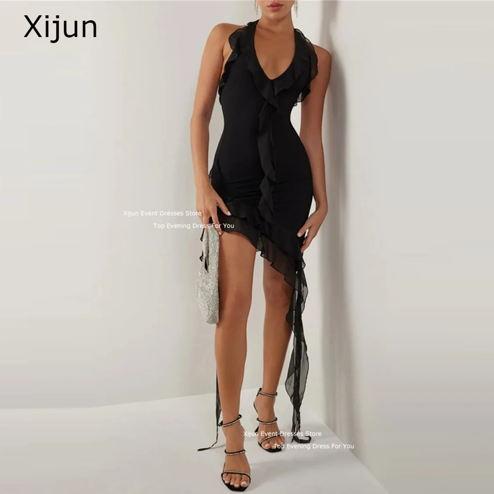 

Черные асимметричные вечерние платья Xijun, короткие шифоновые сексуальные платья для выпускного вечера, женские платья без рукавов для дня рождения, платье для выпускного вечера с оборками