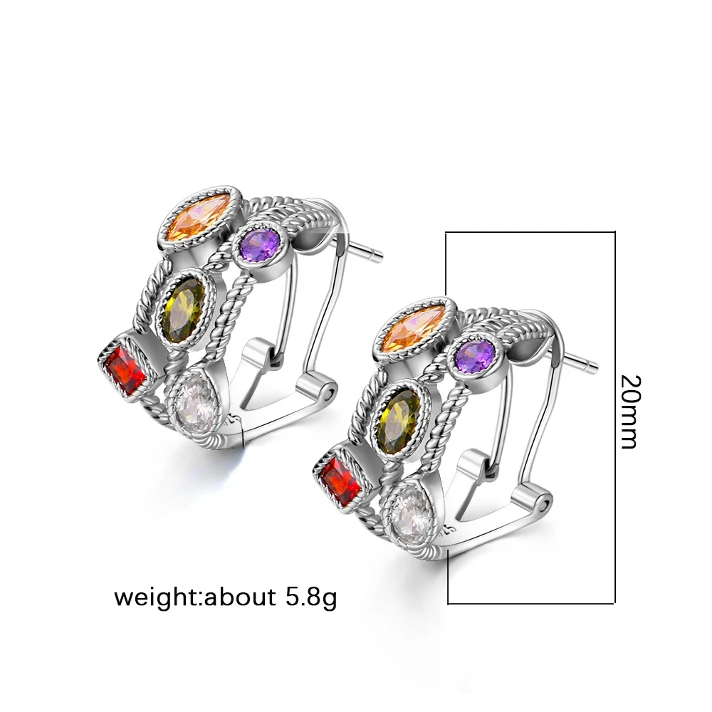 Color Zircon Silver Earrings Jewelry Ear Buckle Retro Hollow Fashion Women\'s Earrings for Party Wedding Birthday Gift