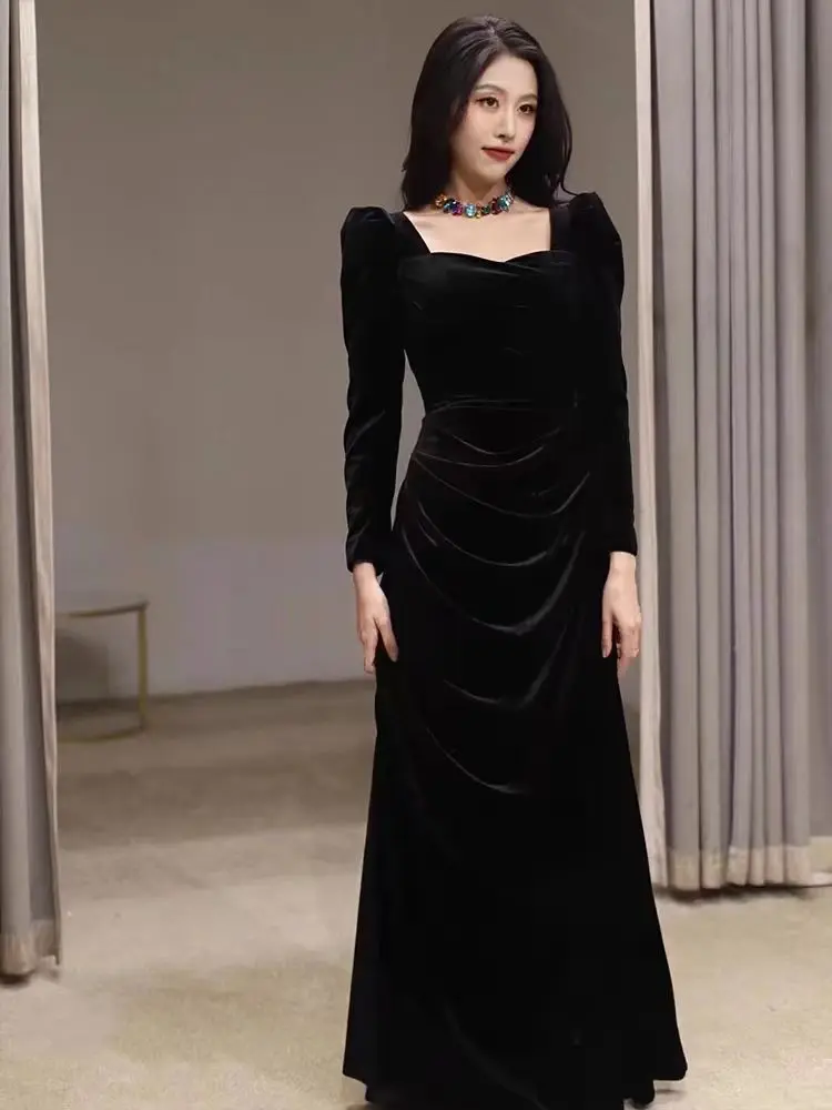 

Вечернее платье Ele Velvet с длинным рукавом и одним открытым плечом для выступлений, дней рождения, юбилеев, осенне-зимних торжественных мероприятий