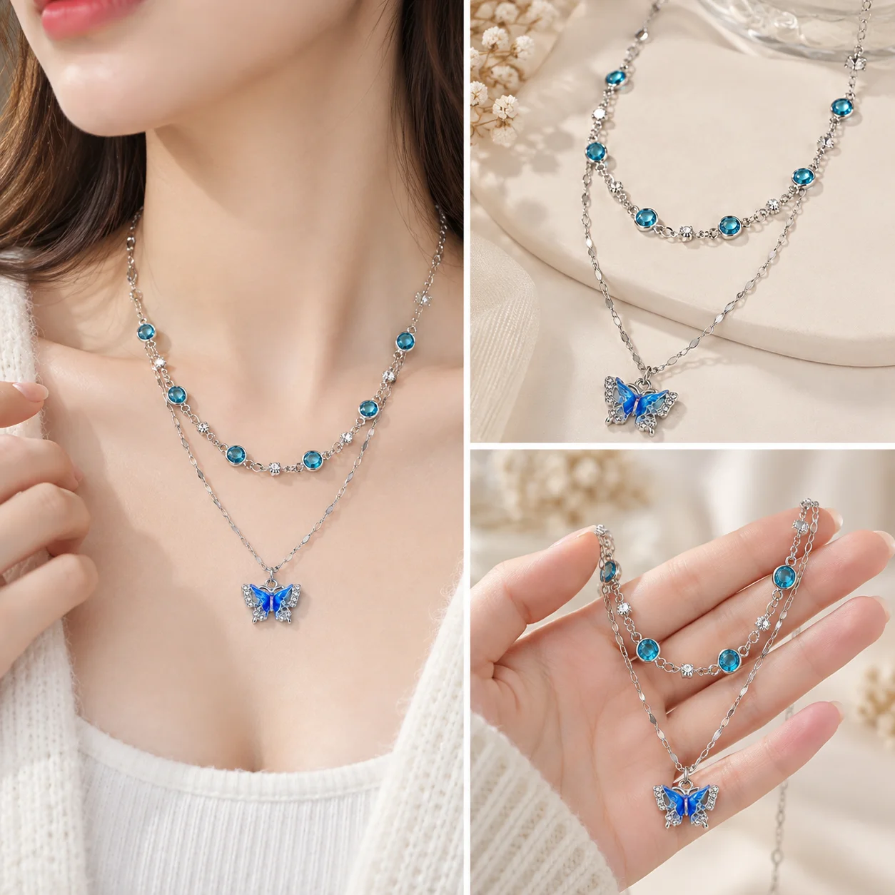 Dainty Fresh Summer Cool Double Layer Butterfly Necklace, Light Luxury Niche Spicy Girl Clavicle Chain Choker Jewelry Accessorie
