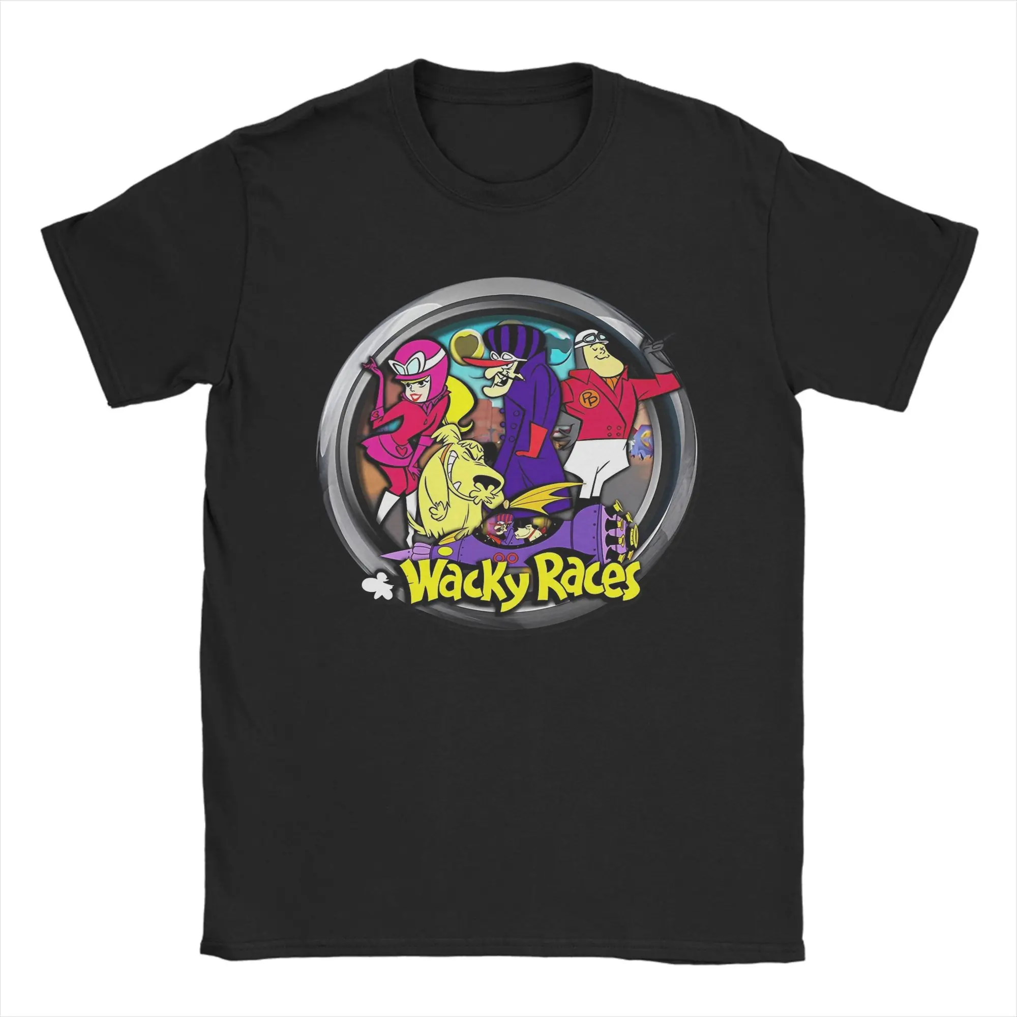 Vintage Cartoon  Movie Tshirt Men's 100%Cotton Tops Novelty Wacky Races Round Neck Short Sleeve