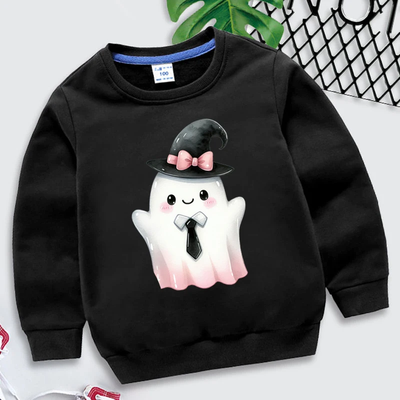 Cartoon Witch Ghost Print Children Sweatshirt Round Neck Pullovers Funny Halloween Spooky Season Girl Boy Autumn Winter Hoodies