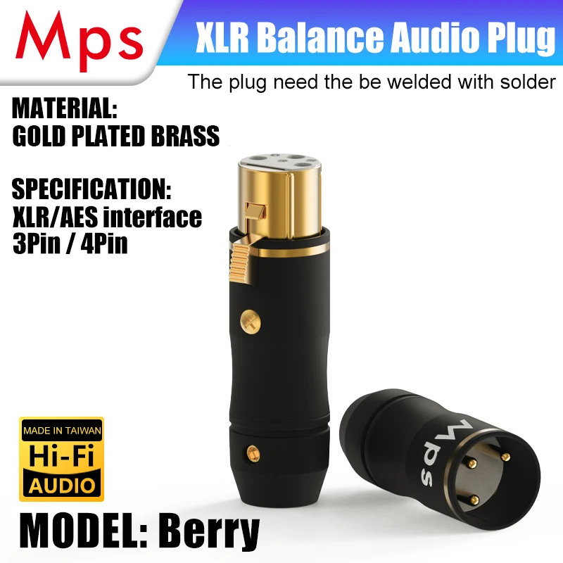 HiFi MPS Berry-W/M HiFi mosiężna wtyczka XLR 24-karatowe pozłacane żeńskie męskie armatura 3-pinowe złącze audio mikrofonu dla 8-10mm