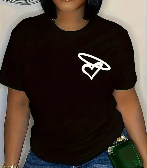 Casual Crew-Neck T-Shirt with Double-Sided Print: Wings and Heart Motif