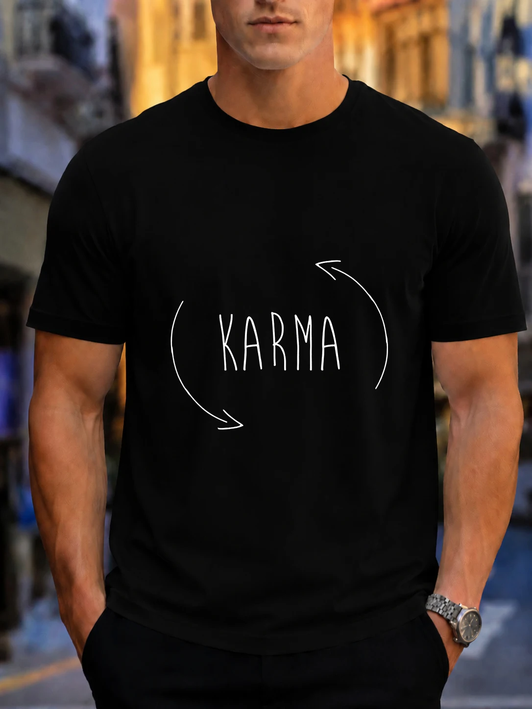 2026 New 100% Cotton T-Shirt, Minimal Handwritten KARMA With Recycle Arrow Spiritual Print Unisex Tee, Casual Short Sleeve