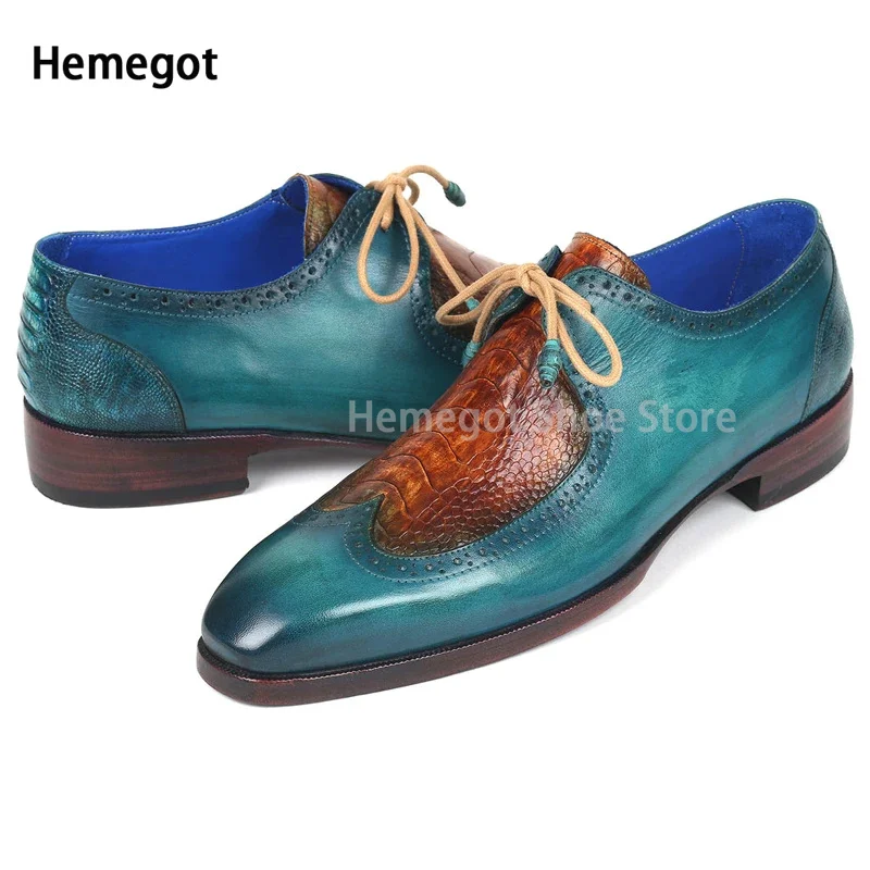 Blue Brown Mixed Color Shoes for Men Genuine Leather Pointed Toe Lace Up Daily Dress Shoes Party Vintage Fashion Men\'s Loafers