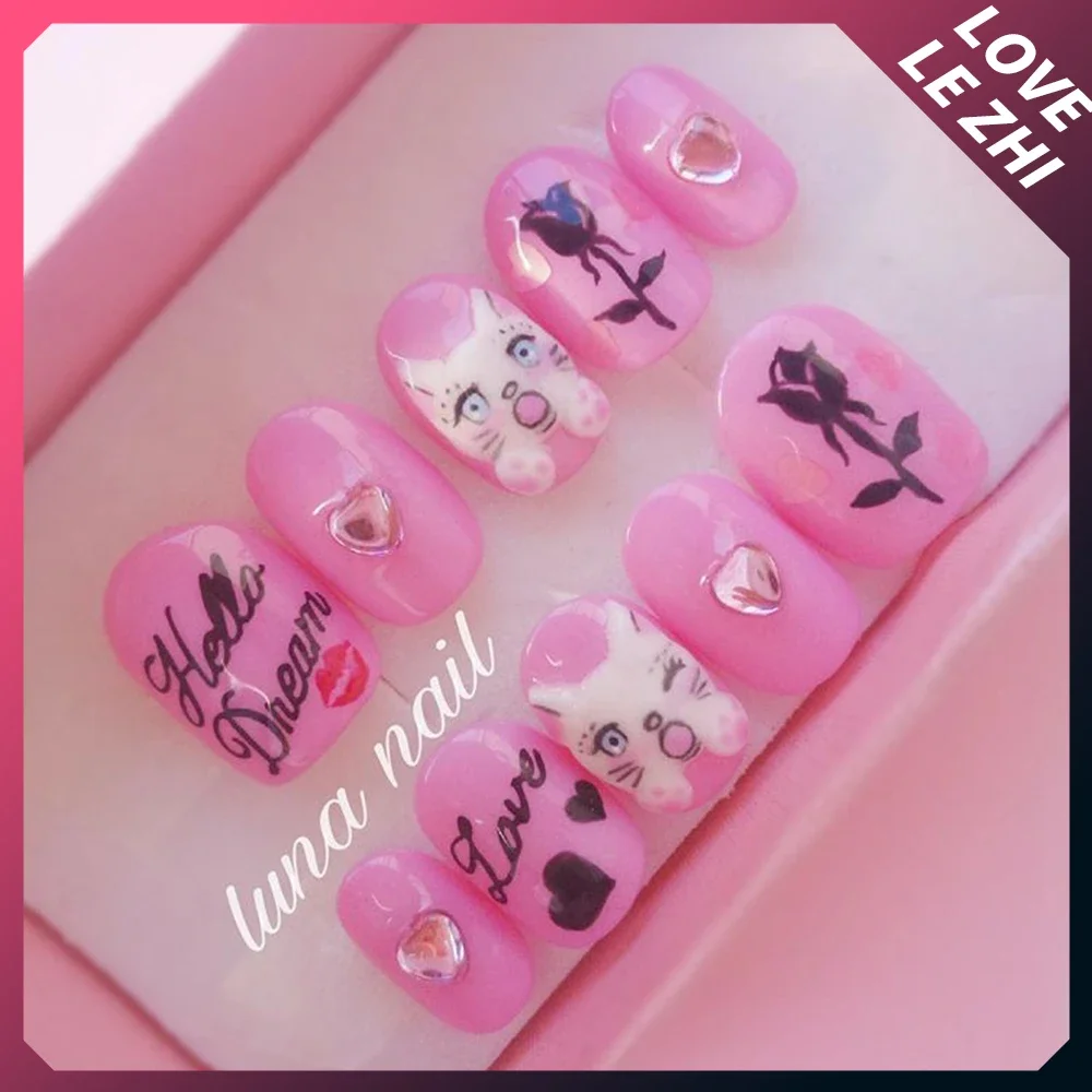 10Pcs Cute Fashion Handmade Press On Nails Kawai Full Cover Cartoon Rabbit Short Ballet Custom Wearable Reusable Fake Nails