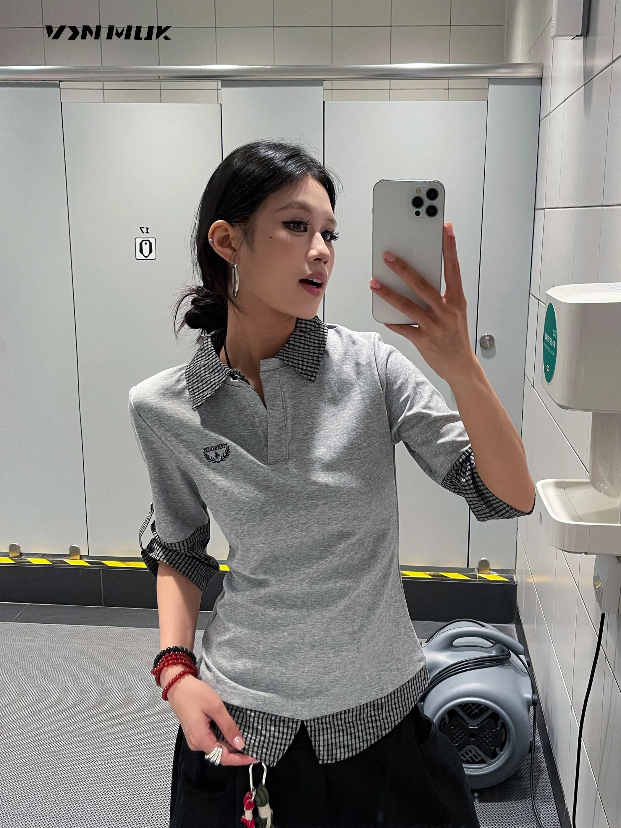 

American Retro College Sle Plaid ort Sve T-irt Women Slim Design Summer Casual Loose Fit Universal Waist pe