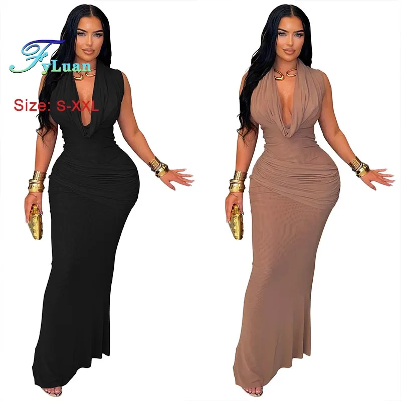 2025 neue Mode Damenbekleidung, figurbetontes Kleid, Temperament, ärmellos, tiefer V-Ausschnitt, langes Kleid, Schwarz, sexy Abendkleidung