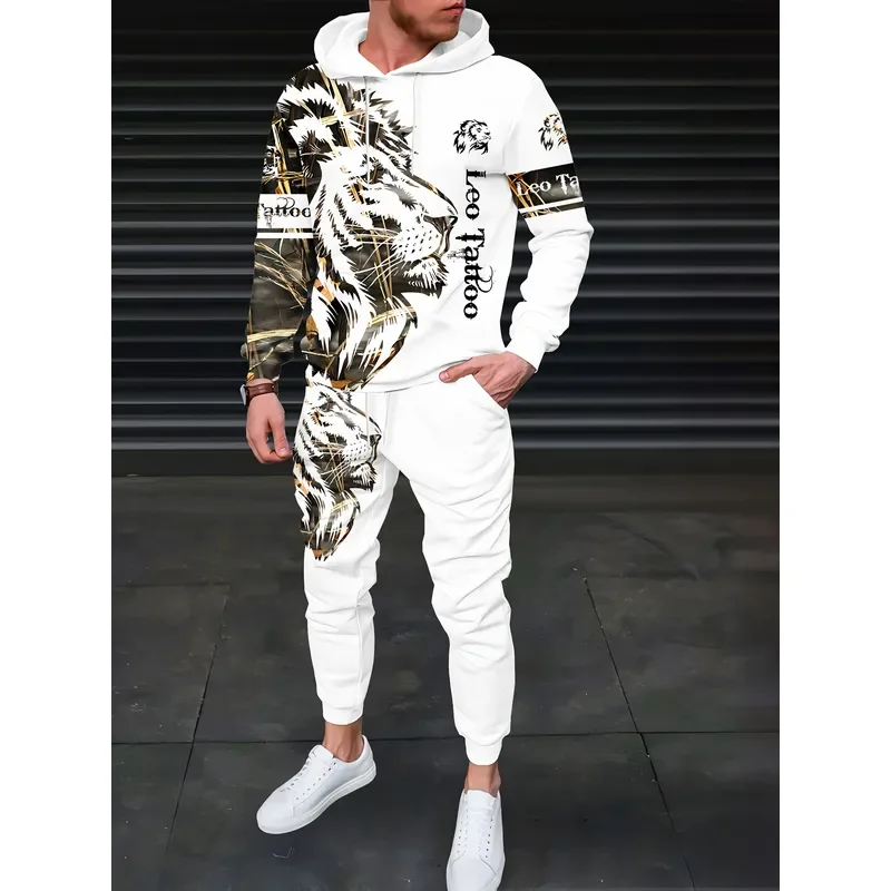 2026 Casual Sweater Sweatpants 2 Piece Set Trendy Lion Print Drawstring Outdoor Sportswear Tracksuit Women Men Fashion view 3