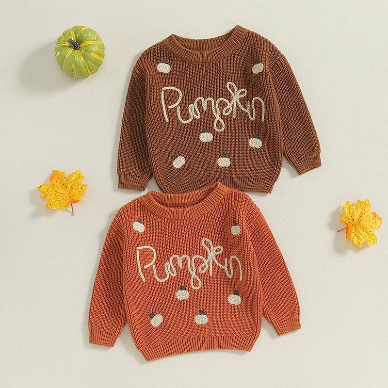 VISgogo Baby Halloween Sweaters Long Sleeve Round Neck Pumpkin Letter Embroidery Knit Pullovers Toddler Sweatshirts