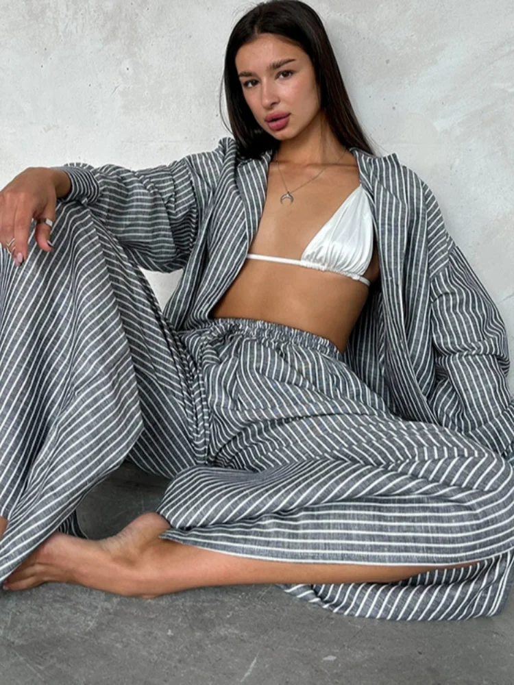 امرأة عادية مخطط صالة مجموعة طويلة الأكمام واحدة الصدر مستقيم الساق السراويل فضفاضة الزي التنقل مكتب ارتداء 2026 الربيع #3