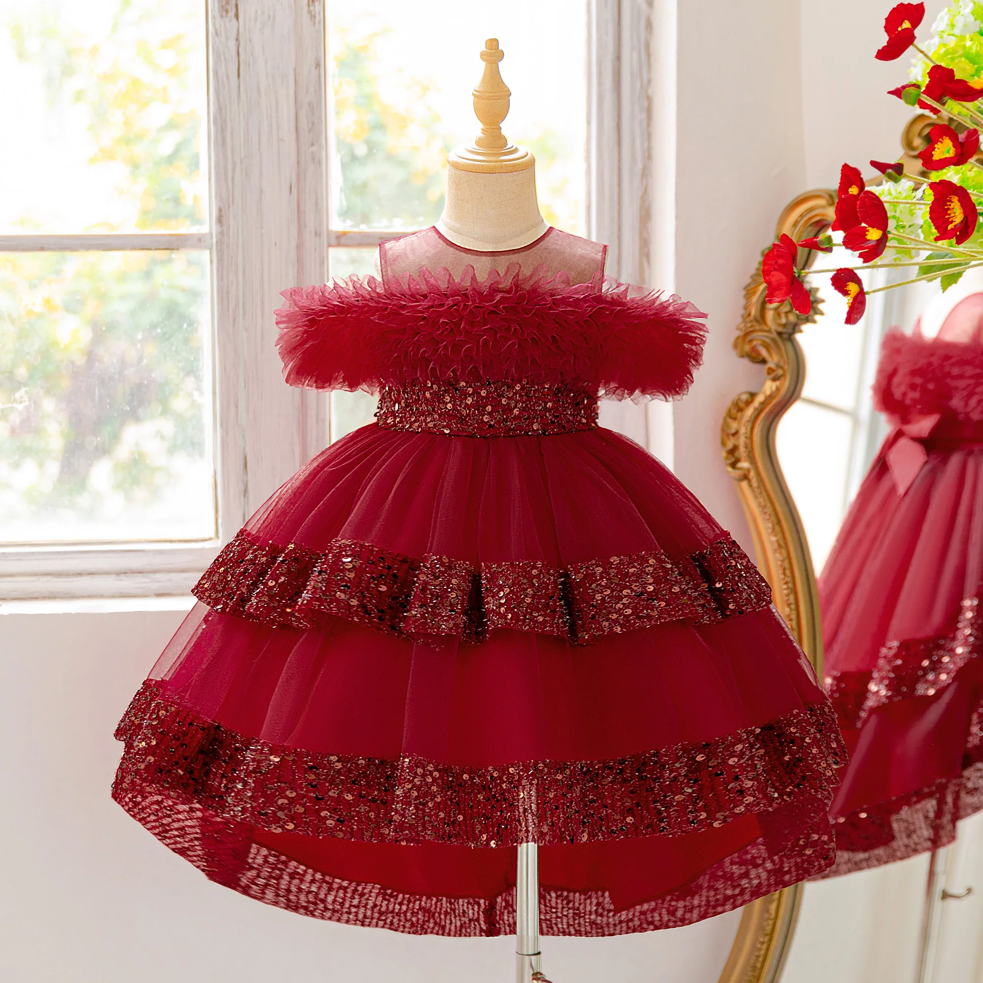 Fashion Sequin Bridesmaids Party Girls Dress Elegant Tailing Tulle Wedding Princess Prom Gown Girl Bow Birthday Evening Dresses