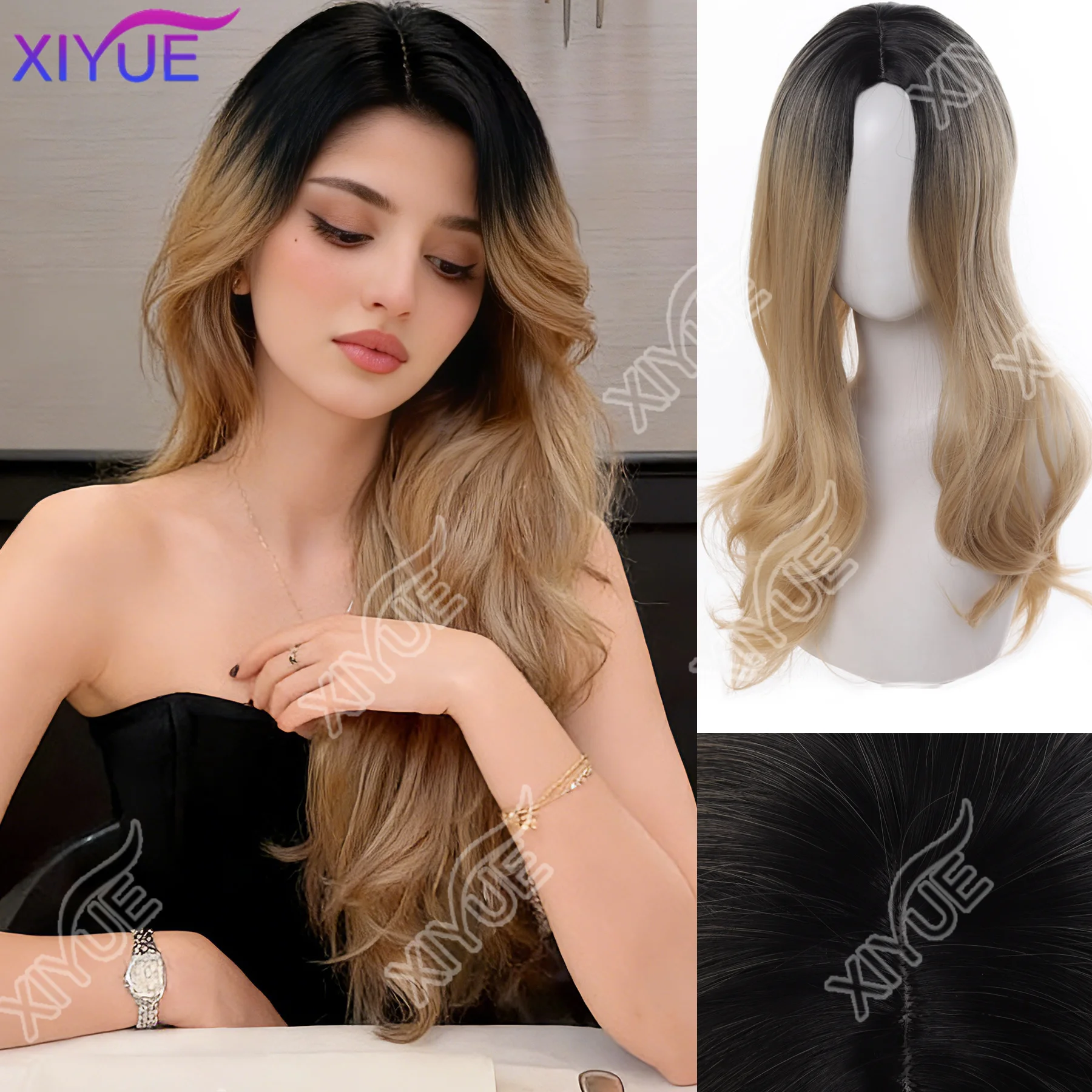 Ombre Golden Long Curly Wig Female Headband Honey Blonde Rose Hair Synthetic Middle Part Bangs High Level Simulation Hair Wig 가발