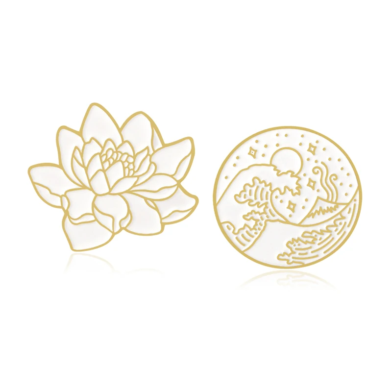 Round Pins Brooch Lotus Flower Seaside Wave Star Moon Ocean Plant Enamel Pin Hat Coat Lapel Brooch Gifts brosa Lotus Great Wave