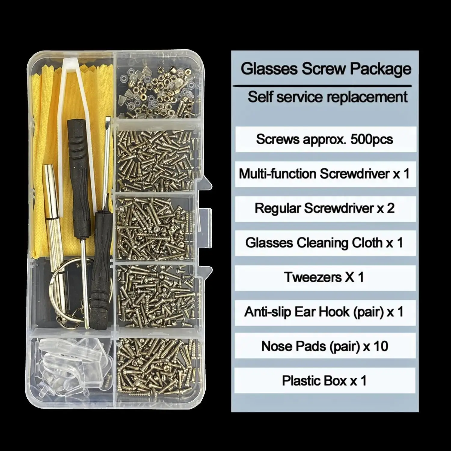 500 Pcs Eyeglasses Sunglass Repair Tool Kits With Screws Nose Pads Screwdriver Nuts Optical Parts Assorted - view 2