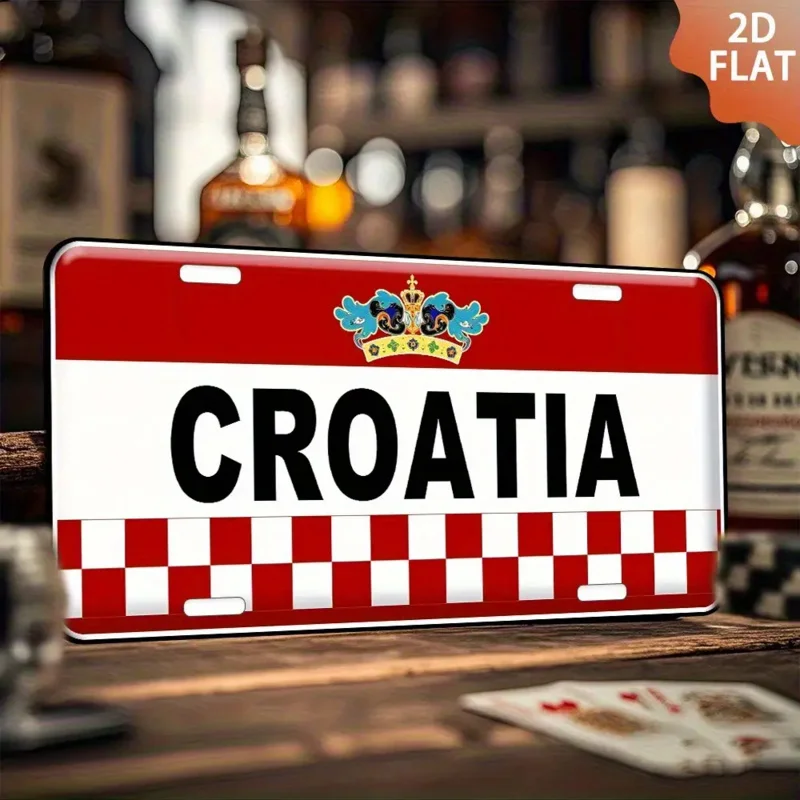 HD Aluminum Print, Vintage Croatia National Flag Checkerboard Coat of Arms Retro License Plate Style Wall Art, High Definition B
