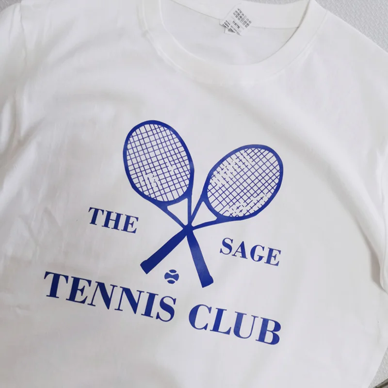 The Sage Tennis Club American Vintage Style White Shirts For Women Short Sleeve Loose Cotton Summer Tops Ins Fashion Tees 2024