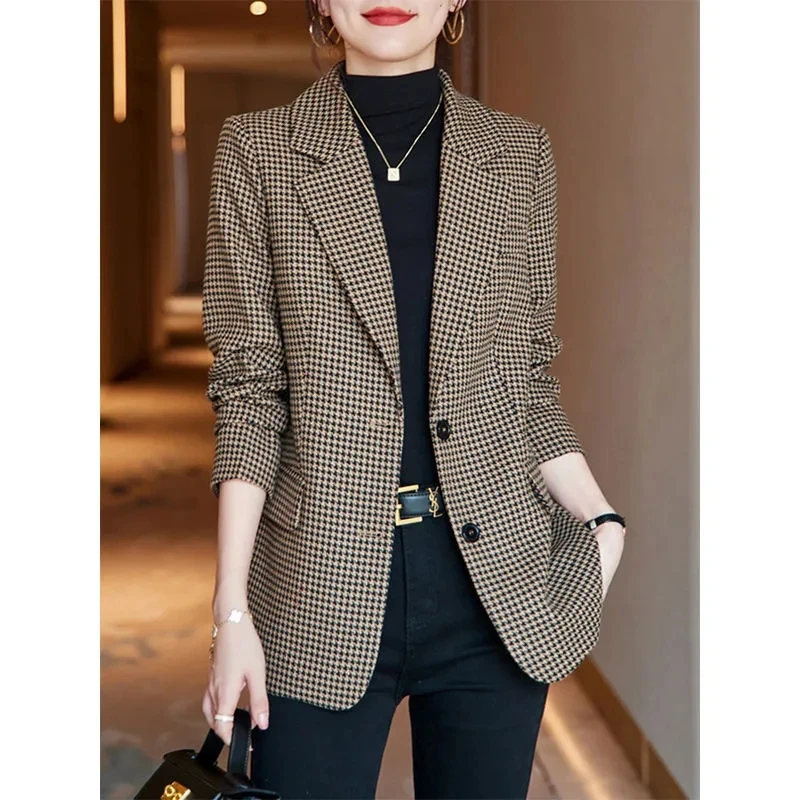 Fashion Houndstooth Suit Jacket Female 2022 Spring And Autumn New Temperament High-End Woolen Coat Brown Blazer With Belt 2063