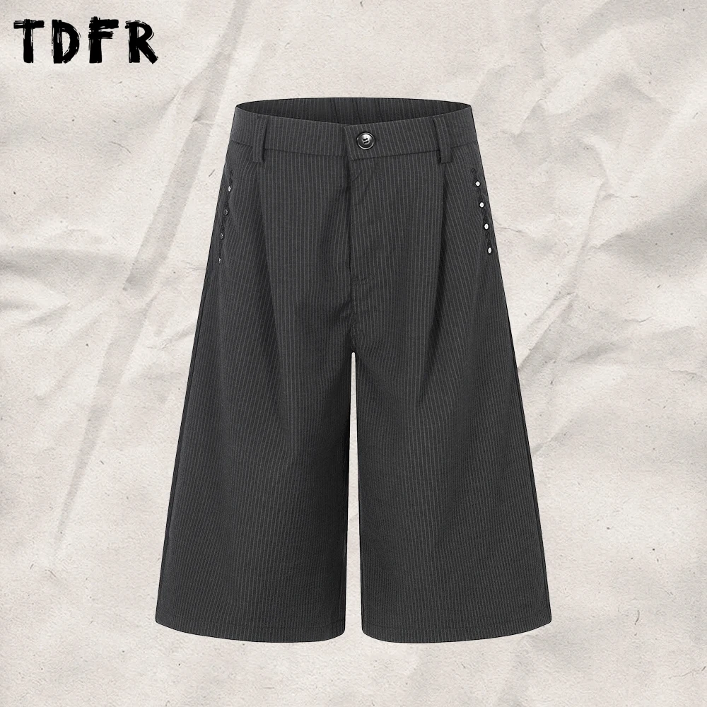 Vertical Stripes Shorts Mens Summer Pleated Retro Button Casual Baggy Wide Leg Pinstripe Short Pants Man