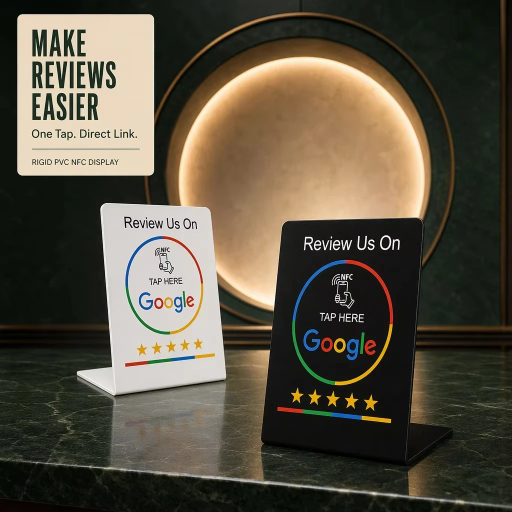 NFC Google Review Stand Rigid PVC Tabletop Plaque Instant Tap 5-Star Rating Card for Shops