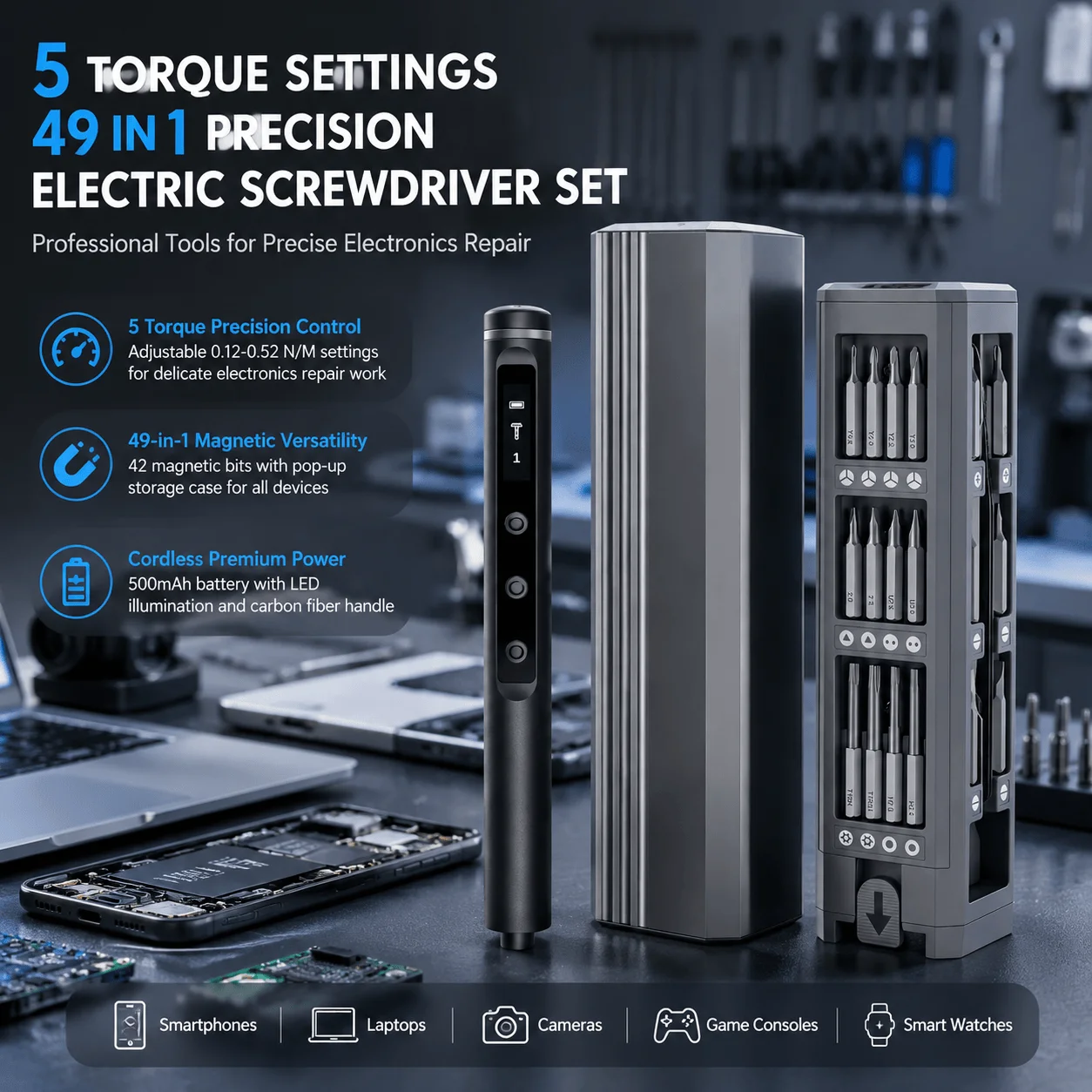 Electric Screwdriver Precision Screwdriver Set 49 In 1 Magnetic Torque Control Electronics Repair Tool Kit Cordless Power Screwdriver With 5 Torque Levels For Phone Laptop Camera Watch Repair DIY Tool Set Carbon Fiber Technician Magnetic Bits