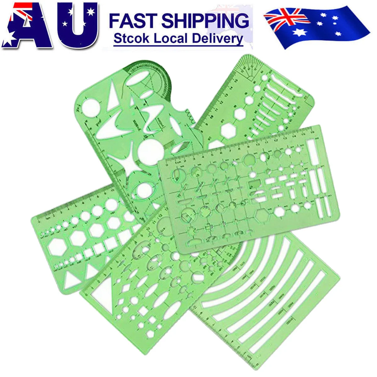 6Pcs Transparent Geometric Drawing Ruler Set Clear Green Plastic Stencil Templates for School Office Art Design Mechanical