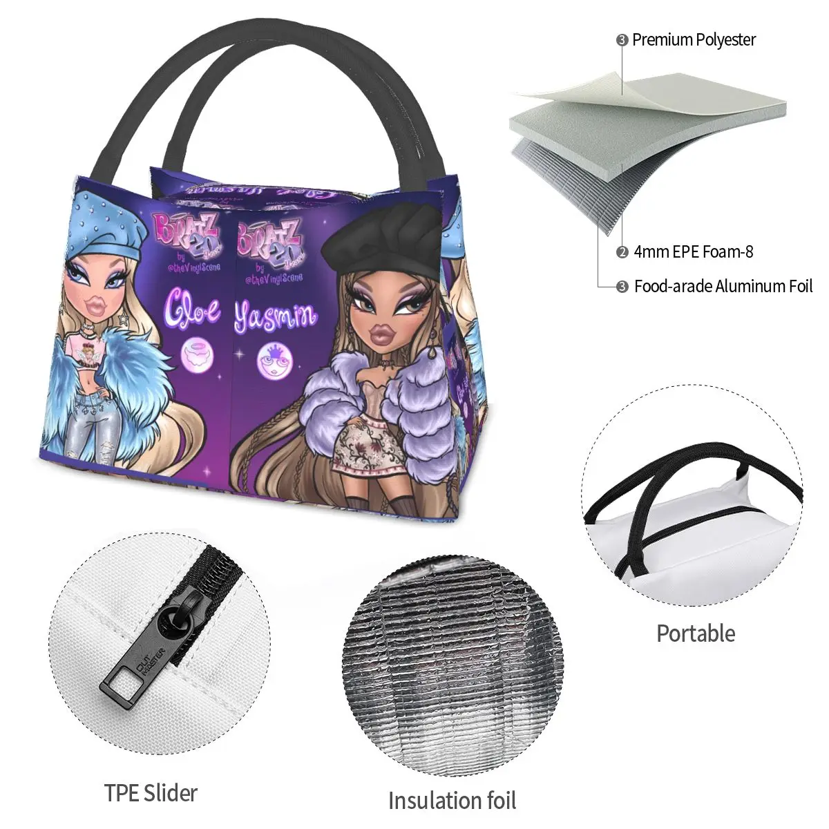 Bratz Girl Cartoon Lunch Bag Cute Funny Lunch Box For Women Travel Portable Zipper Cooler Bag Custom Thermal Tote Handbags