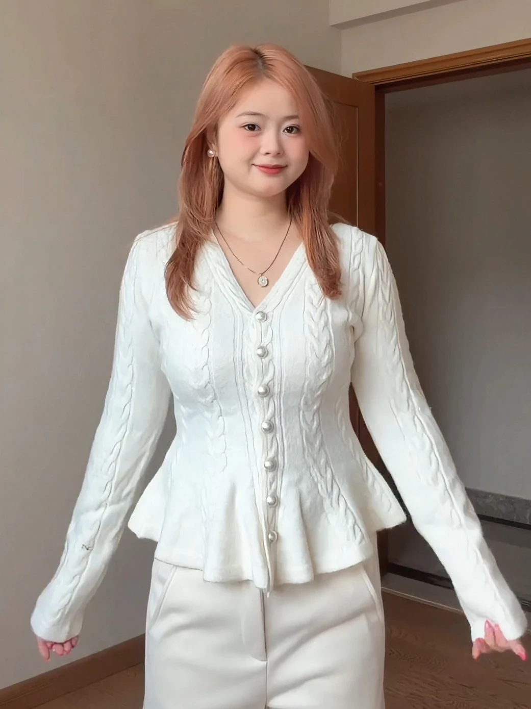 plus Size Women's Knitted Sweater Waist-Cinching Shoulder V-neck Floral Lace Hemline Long Sleeve French Style Slimming Top