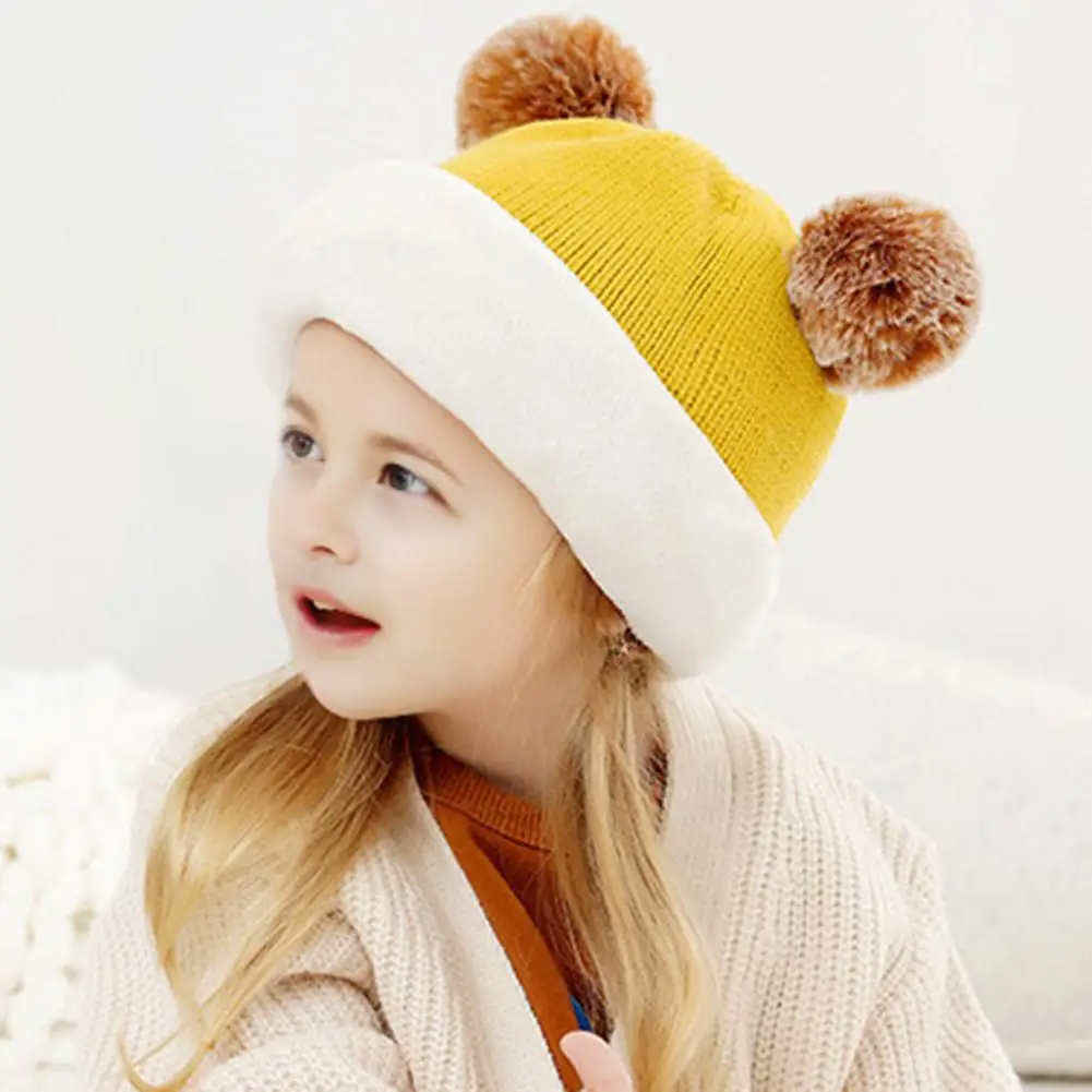 Toddler Warm Hat Children's Winter Hat with Dual Fur Balls Breathable Thermal Cap for Kids Thickened Velvet Lining Outdoor