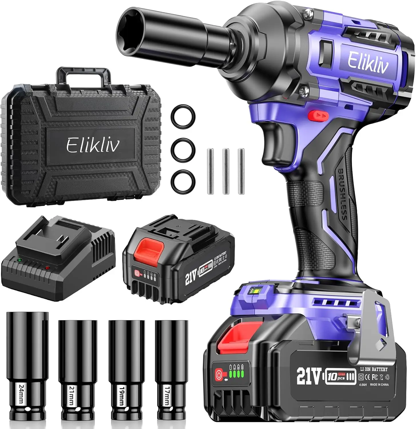 Elikliv Cordless Impact Wrench 1/2 inch, 500Ft-lbs Max Torque(650N.m), 21V 3000 RPM Power Impact Gun with 4 Sockets, 4000mAh Bat