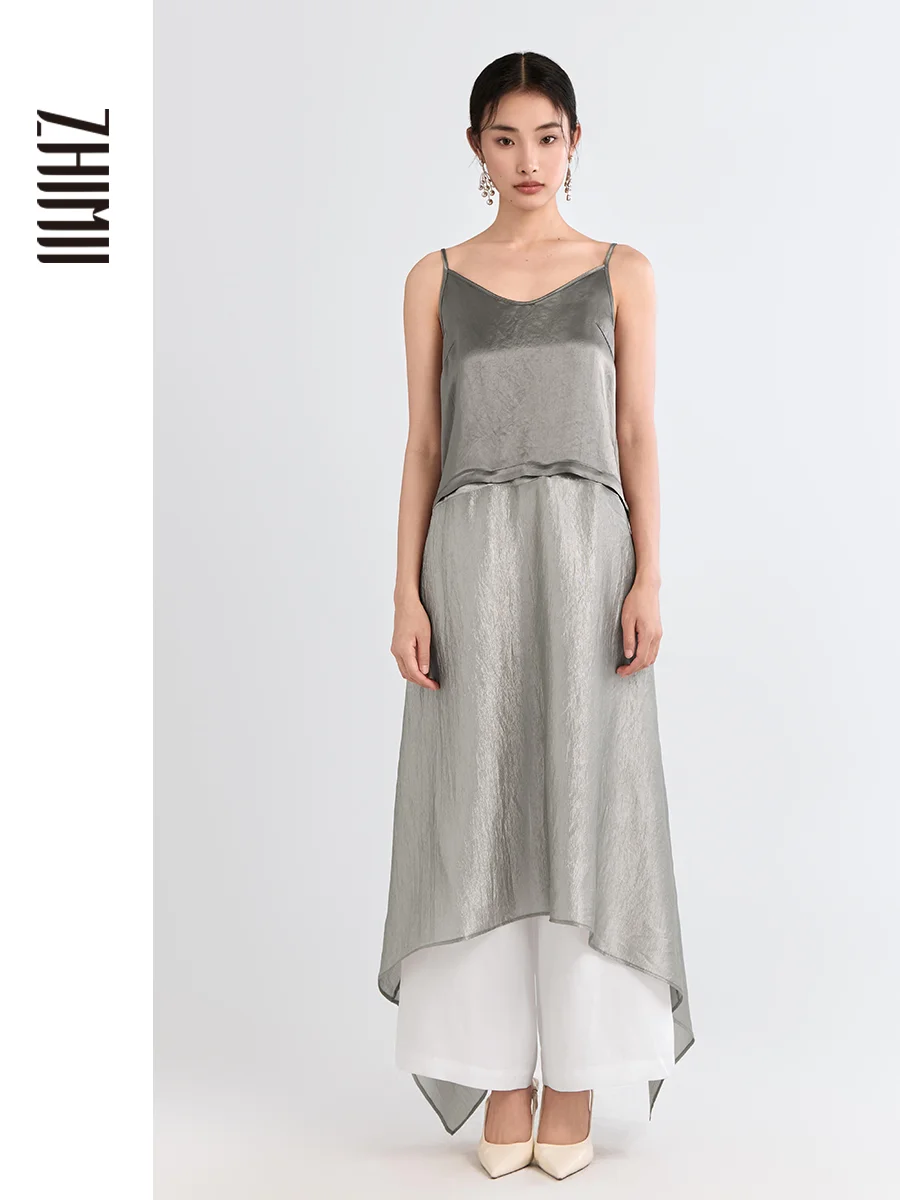 

Zhimii Early Autumn Two-Piece Detachable Cool Texture Acetate Splice Halter Dress Elegantly Simple Natural Waist Style