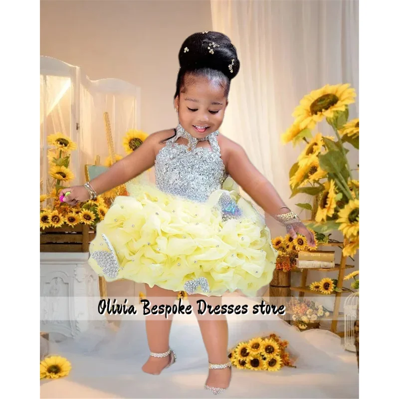 Lovely Sleeveless Flower Girl Dress for Wedding Ball Crystals Pearls Ruffles Princess Girl Birthday Party Evening Customized
