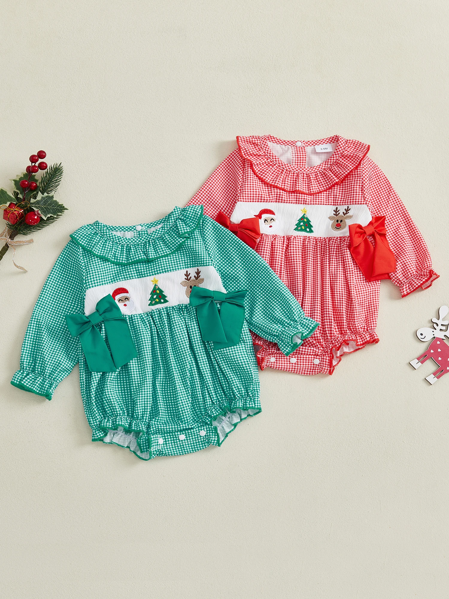 

Toddler Boy Reindeer Print Jumpsuit Elk Embroidered Romper Long Sleeve Bodysuit with Pom Pom Trim Festive Winter Outfit for