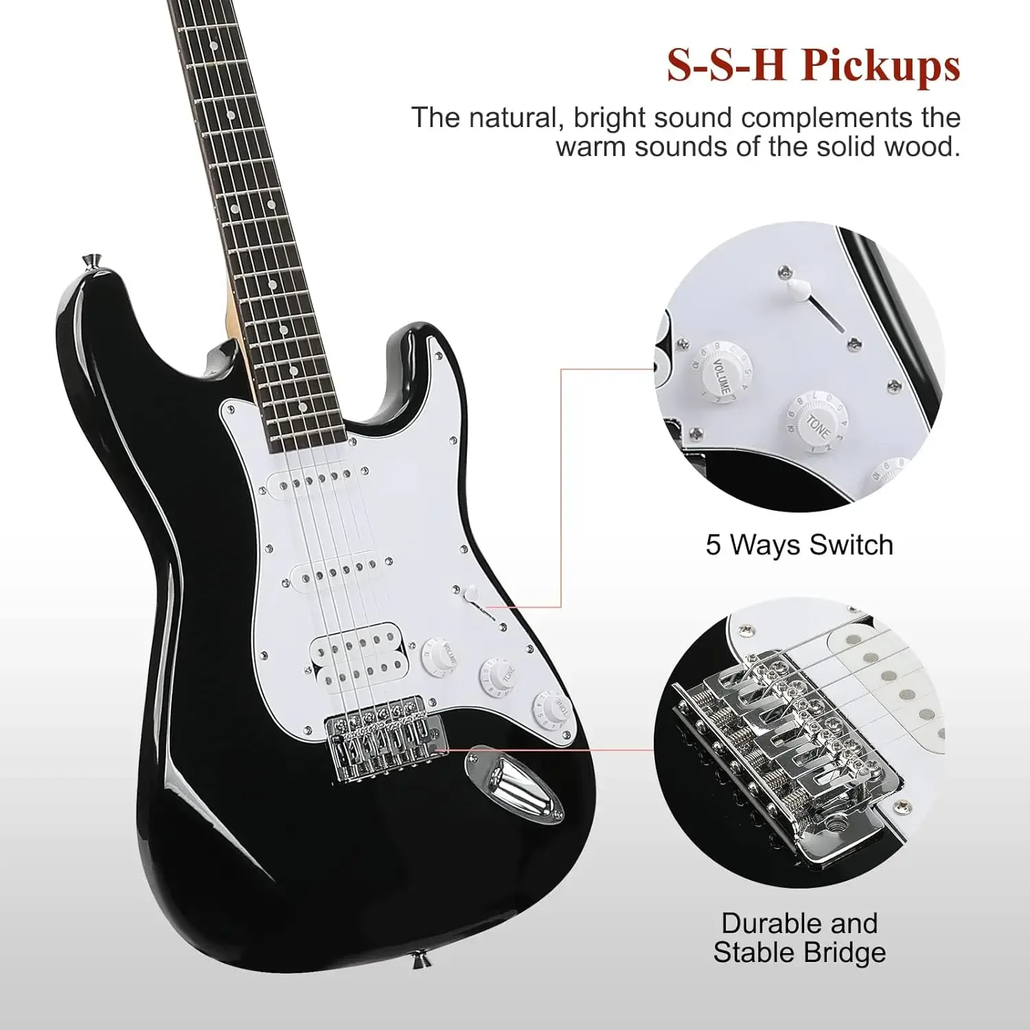 Electric Guitar, 39 Inch Solid Full-size Electric Guitar HSS Pickups Starter Kit Includes Amplifier, Bag, Digital Tuner, S