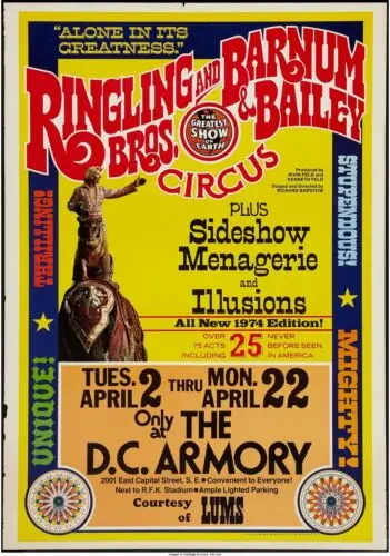 Ringling Brothers Barnum Bailey Circus 1974 Poster All Metal Tin Sign  8 x 12